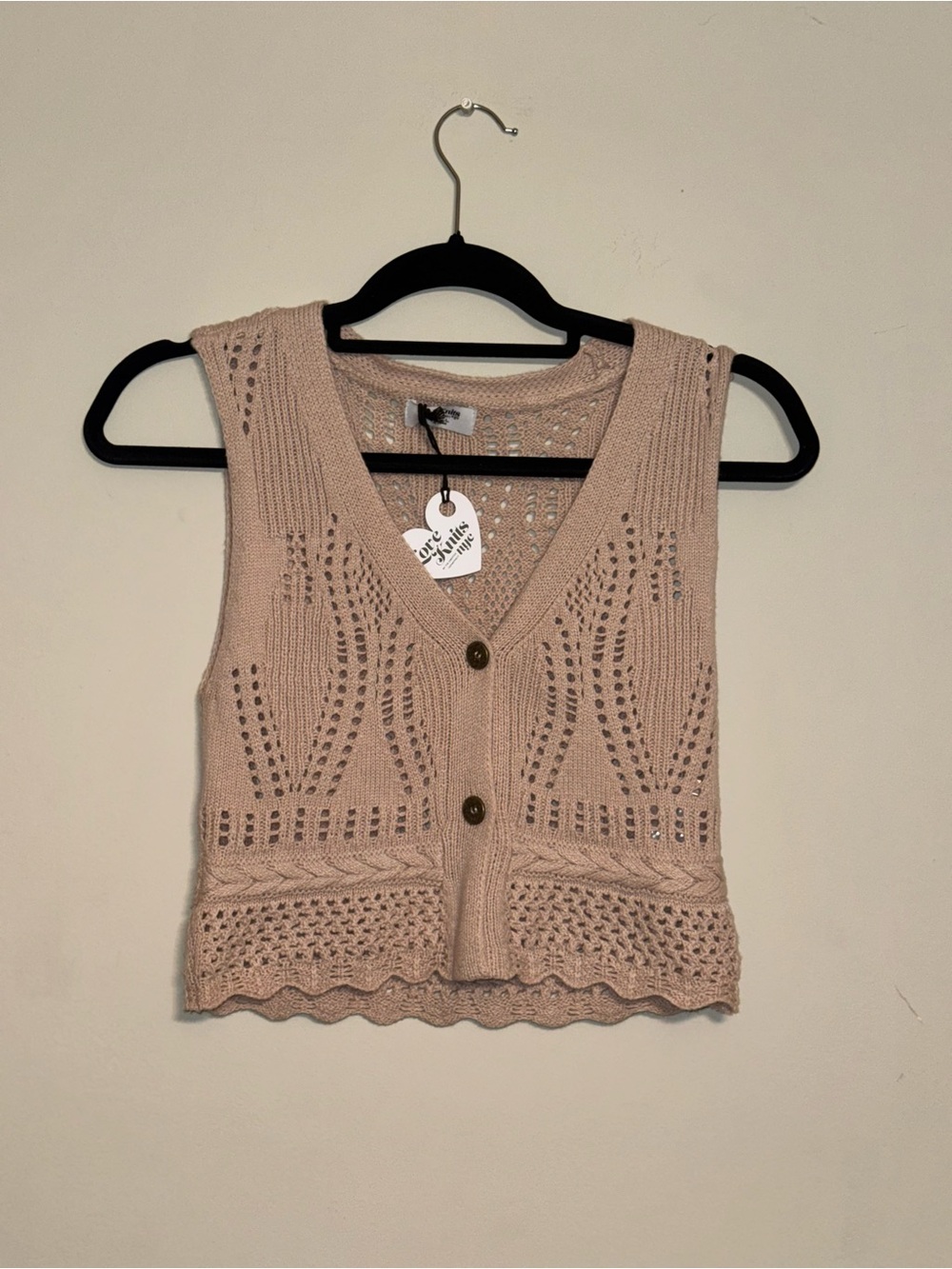 NWT Love Beige Open-Knit Button Front Vest Sz XS